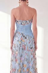 Strapless Blue Floral A Line Ruffled Maxi Mother of the Bride Dress
