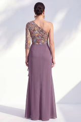 Mermaid Grey Purple One Shoulder Floral Ruffled Mother of the Bride Dress