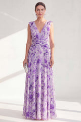 Printed Purple Ruched A Line Maxi Mother of the Bride Dress