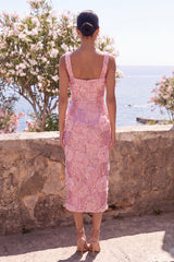 Square Neck Sequin Pink 3D Flower Midi Wedding Guest Dress