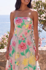 Strapless Daffodil Pink Floral A Line Wedding Guest Dress