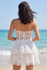 Strapless Ruched Tiered A Line Floral Mini White Dress