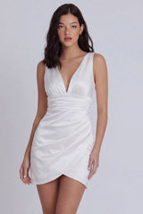Satin Ruched Bodycon V Neck Mini White Dress