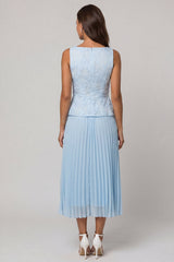 2 Piece Sky Blue Pleated A Line Ruffled Midi Work Dress