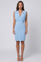 Sky Blue Ruched Bodycon Mini Work Dress with Slit