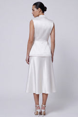 2 Piece Ivory Peaked Lapel Satin A Line Midi Work Dress