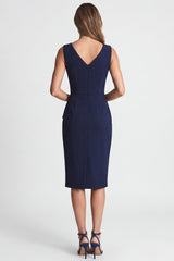Ruched Bodycon Navy V Neck Midi Work Dress with Slit