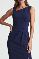 Asymmetrical Neck Ruched Bodycon Navy Midi Work Dress with Slit
