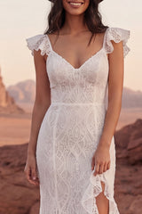 Ivory Mermaid Lace Maxi Boho Wedding Dress with Ruffles