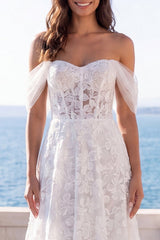 Off the Shoulder Corset Floral A Line Ivory Maxi Wedding Dress