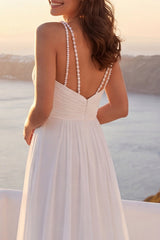 Ivory Ruched Pleated A Line Maxi Wedding Dress with Pearls
