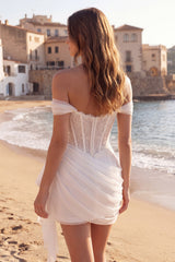 Off the Shoulder Corset Lace Ruched Mini White Dress