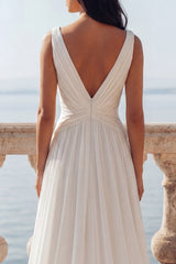 Ivory A Line Pleated Ruched V Neck Wedding Dress with Slit