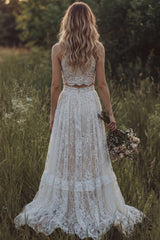 Halter Lace 2 Piece A Line Ivory Boho Wedding Dress