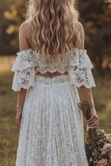Off the Shoulder Lace 2 Piece A Line Ivory Boho Wedding Dress with Ruffles