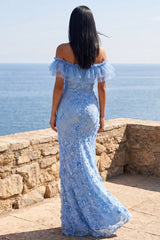 Off the Shoulder Lace Blue Floral Wedding Guest Dress