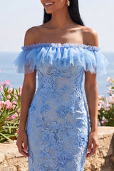 Off the Shoulder Lace Blue Floral Wedding Guest Dress