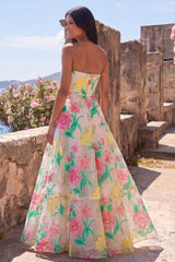 Strapless Daffodil Pink Floral A Line Maxi Dress