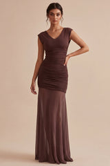 Brown Mermaid Ruched Chiffon V Neck Maxi Formal Dress