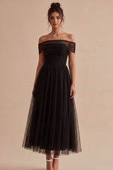 Off the Shoulder A Line Ruched Black Formal Dress