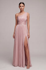 One Shoulder Dusty Rose A Line Ruched Pleated Formal Dress