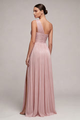 One Shoulder Dusty Rose A Line Ruched Pleated Formal Dress