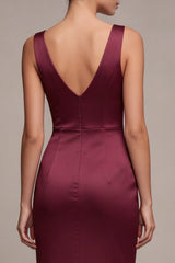Mermaid Burgundy Corset Satin Maxi Formal Dress with Slit