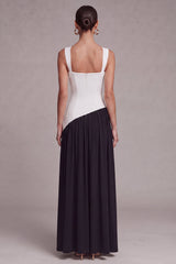 Black and White ColorBlock A Line Pleated Formal Dress with Slit