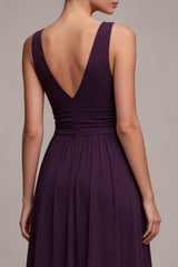 Plum A Line Pleated Ruched Maxi Formal Dress with Slit