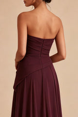 Burgundy Strapless Pleated Ruched A Line Maxi Formal Dress