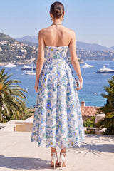Strapless Blue Print A Line Corset Wedding Guest Dress