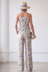 Spaghetti Straps Jacquard 2 Piece Blue Floral Women's Suits