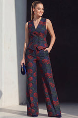 Navy V-Neck Jacquard 2-Piece Women's Suits