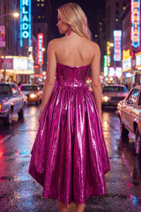Strapless Fuchsia Corset Metallic 80s High-Low Homecoming Dress