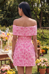 Floral Fuchsia Off the Shoulder A Line Mini Homecoming Dress with Bow