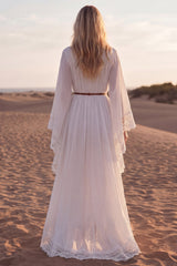 Long Sleeve White A Line Lace Maxi Boho Wedding Dress