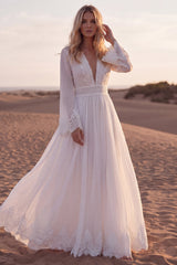 White V Neck Long Sleeve Lace A Line Pleated Wedding Dress