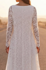 White A Line Long Sleeve Lace Maxi Wedding Dress with Cape