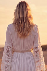 Long Sleeve Lace White A Line Pleated Wedding Dress with Belt