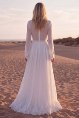 Long Sleeve V Neck Pleated White A Line Wedding Dress with Lace