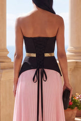 Strapless Colorblock Pink A Line Pleated Maxi Formal Dress