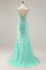 Sparkly Mint Green Mermaid Maxi Prom Dress with Appliques