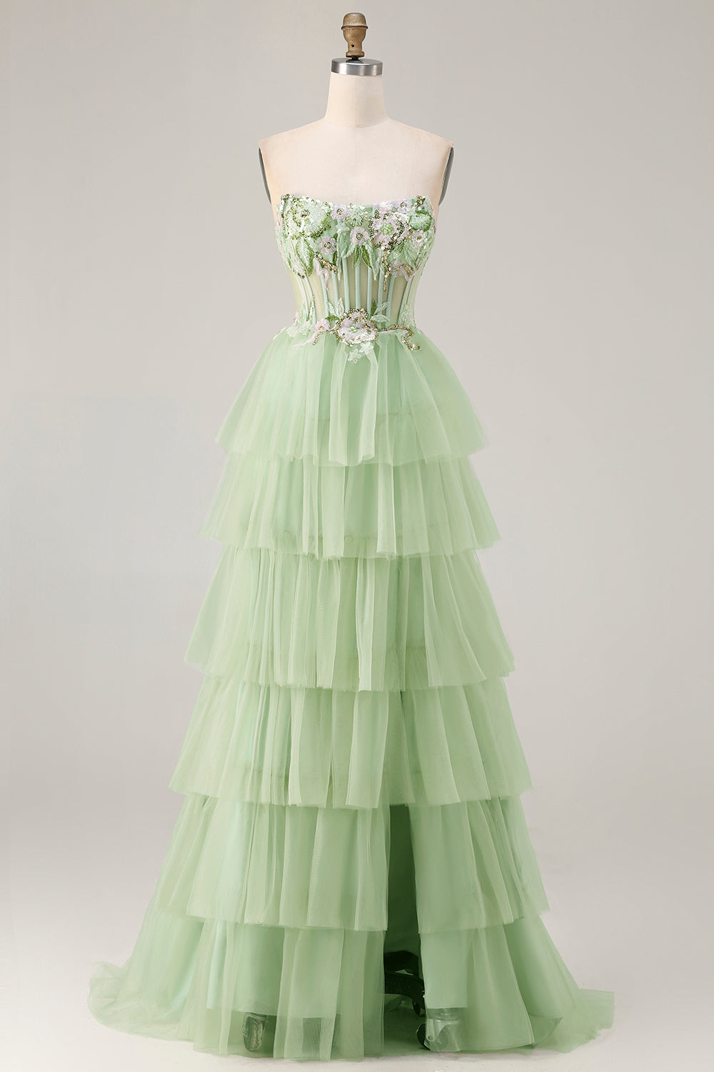 Fuchsia Strapless Tiered A-Line Corset Prom Dress With Slit