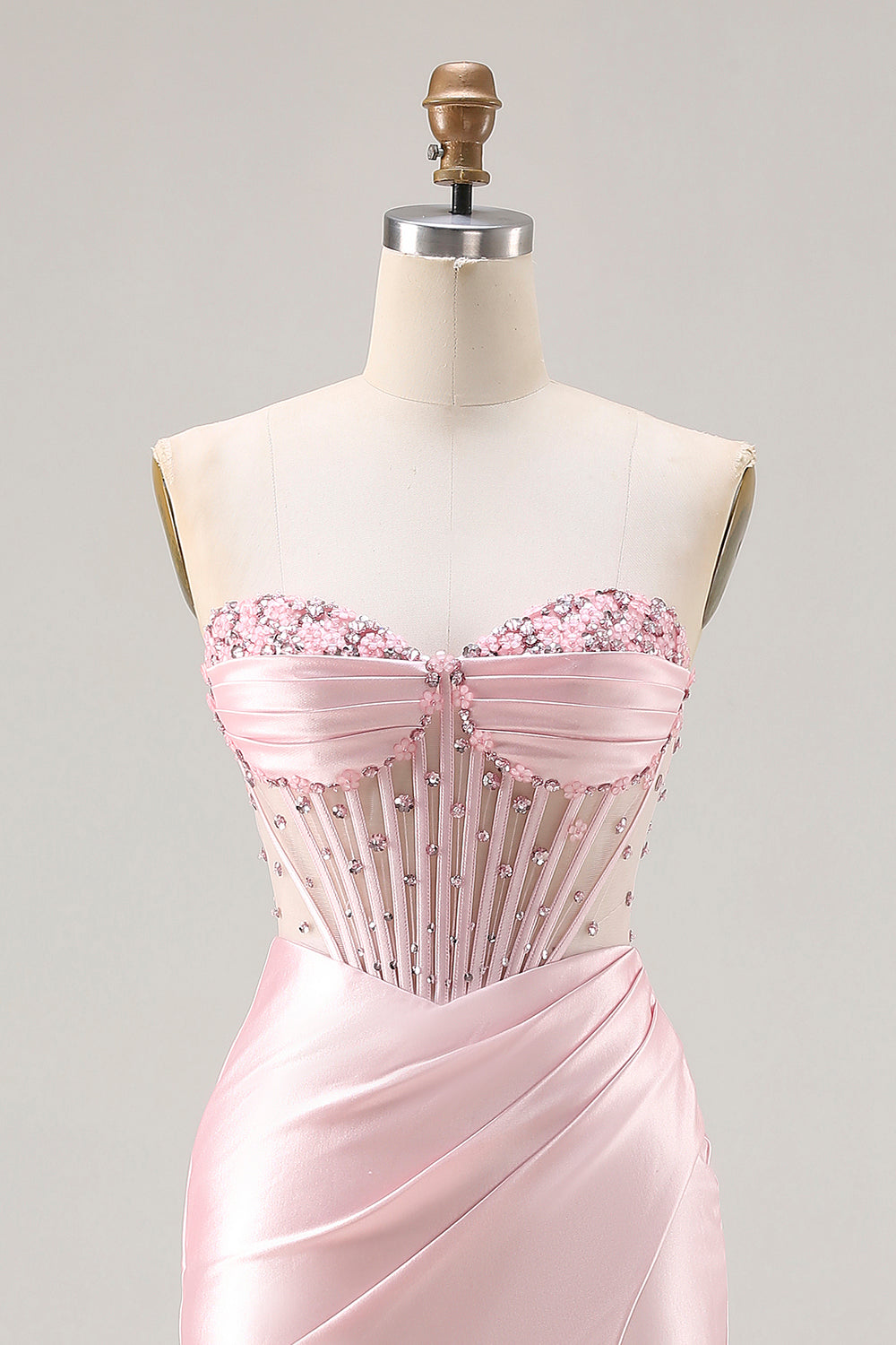 Strapless Mermaid Beaded Corset Pink Prom Dress With Slit