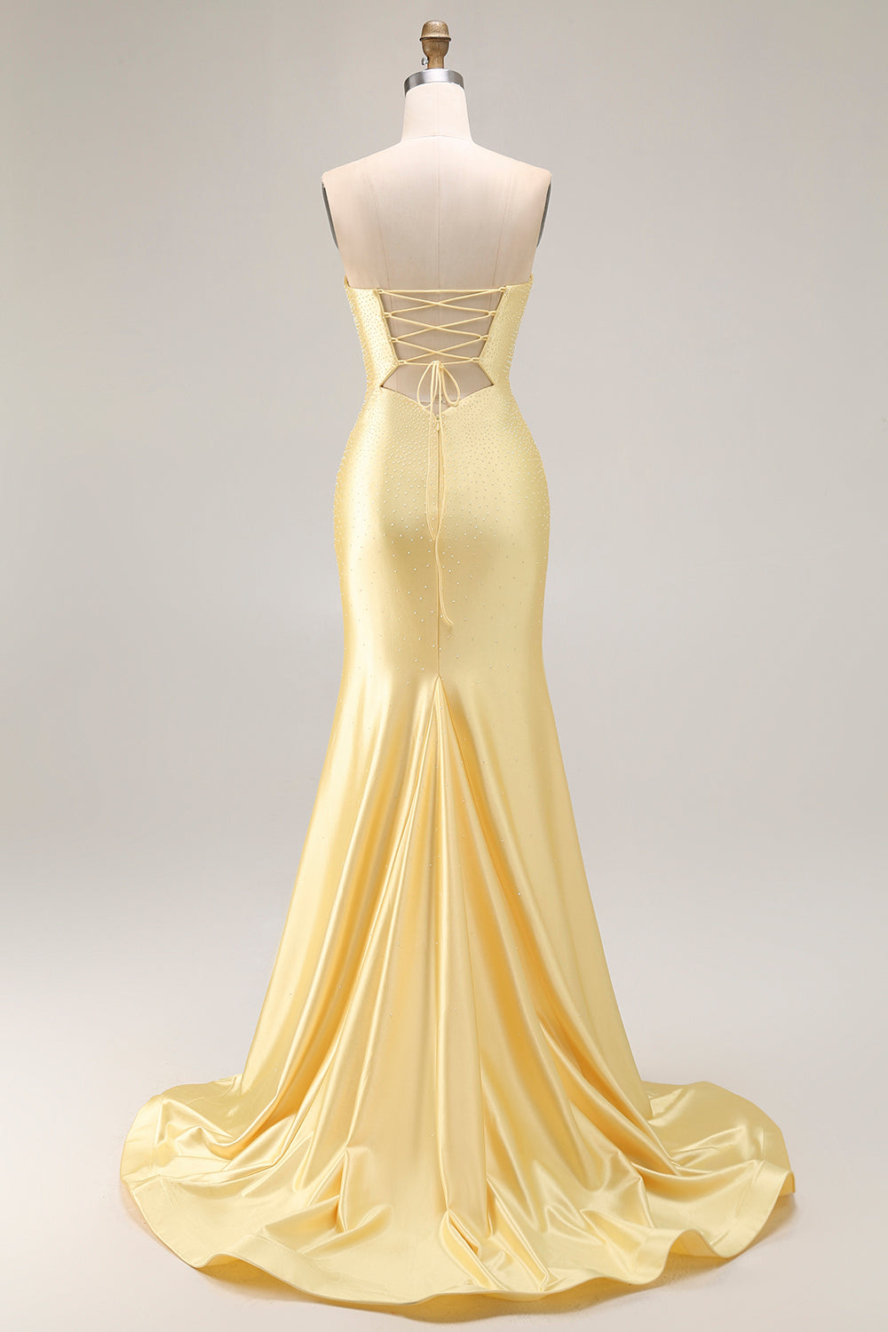 Yellow Strapless Mermaid Cut Out Beaded Prom Dress With Slit