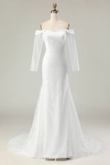 Sparkly Ivory Off the Shoulder Mermaid Long Sleeve Wedding Dress