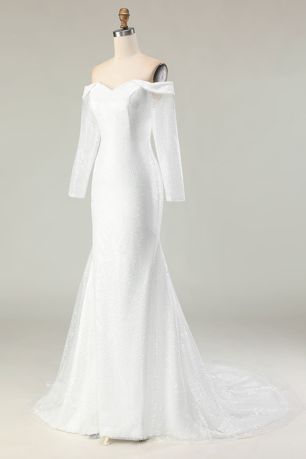 Sparkly Ivory Off the Shoulder Mermaid Long Sleeve Wedding Dress