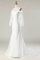 Sparkly Ivory Off the Shoulder Mermaid Long Sleeve Wedding Dress