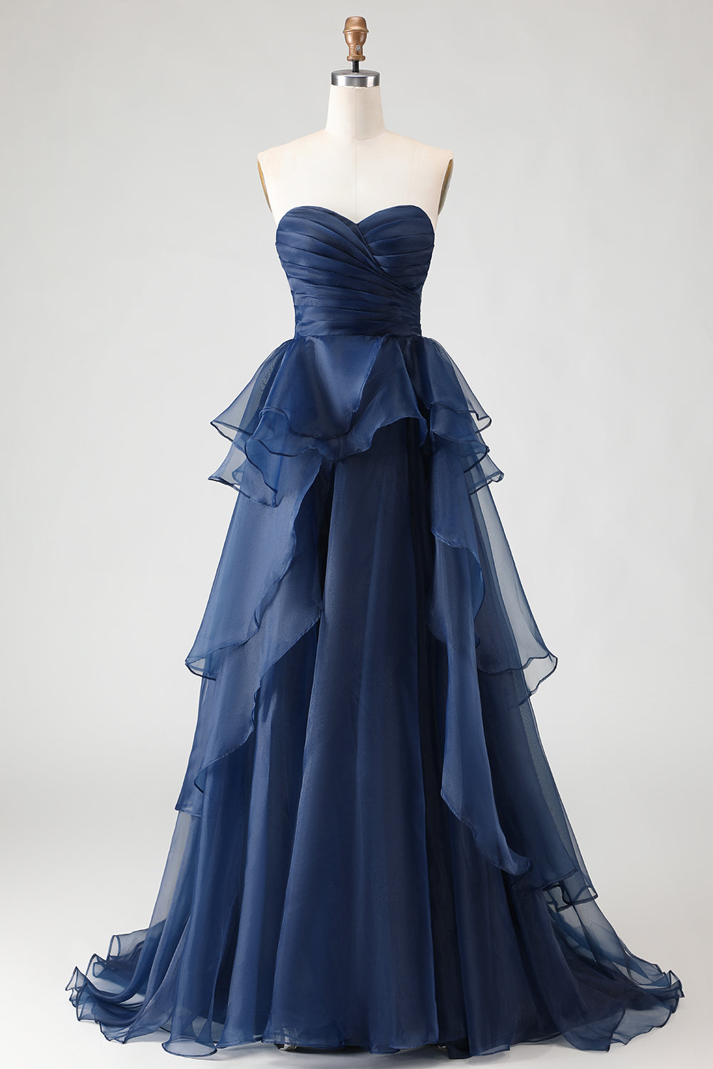 Navy Strapless Ruffled A Line Prom Dress