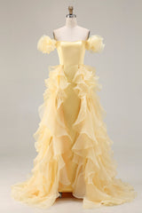 Yellow A-Line Off The Shoulder Prom Dress With Ruffles